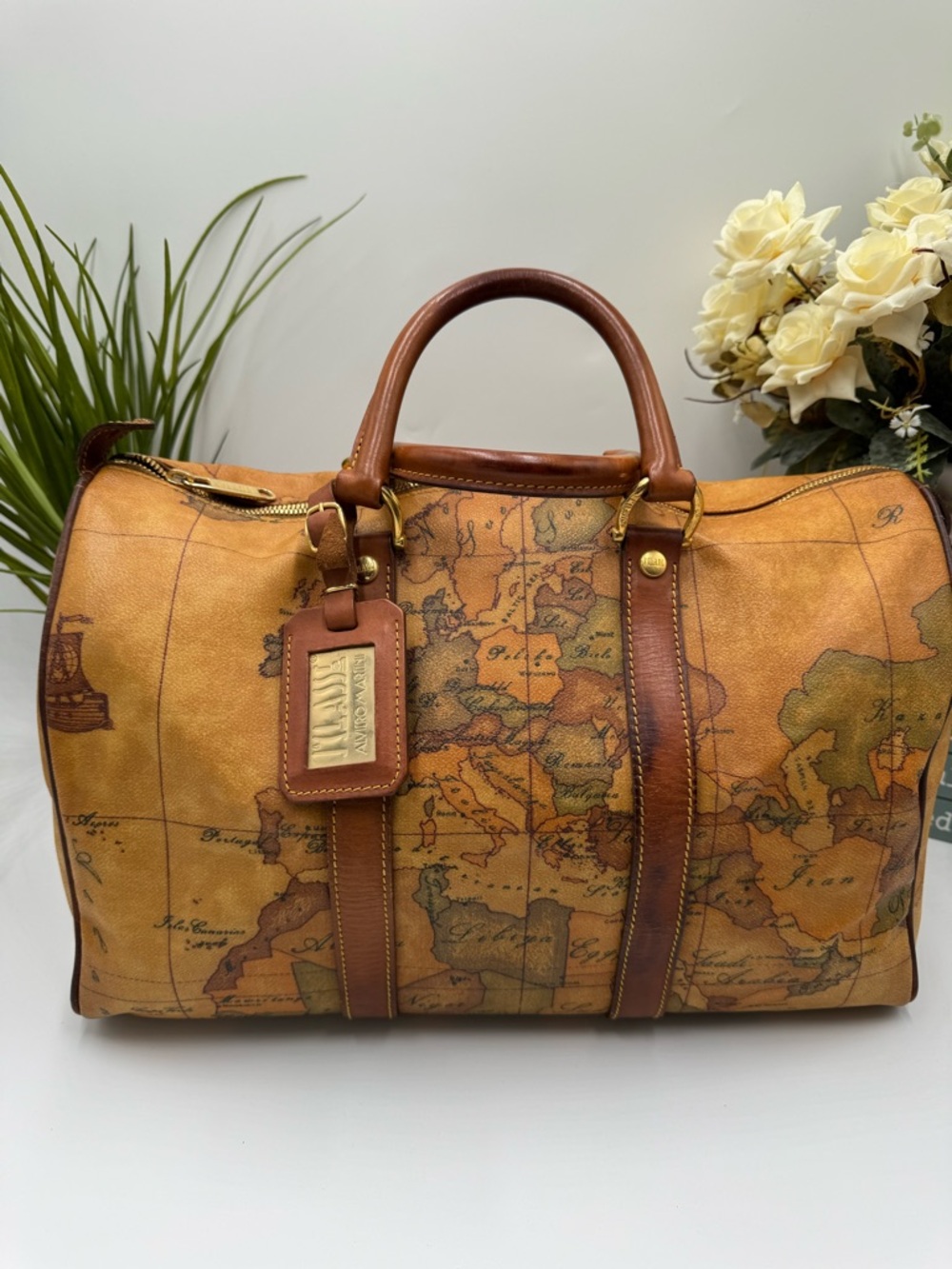 Alviero Martini Vintage 1A Classe Geo Map Boston Bag Rare Ship Print & Lock/Keys